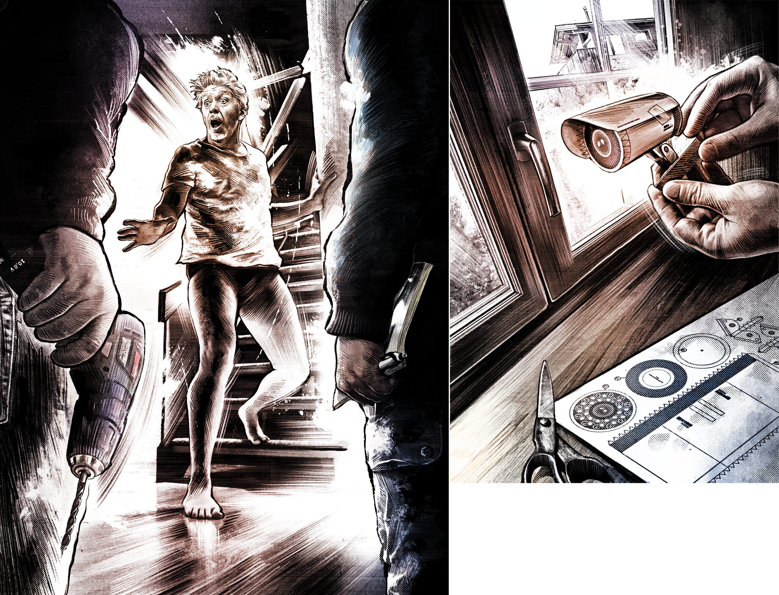 Vom Nachbarschaftsstreit Hausdurchsuchung bohrmaschine einbrecher robbery burglary camera kamera atrappe illustration action scene - Kornel Illustration | Kornel Stadler portfolio