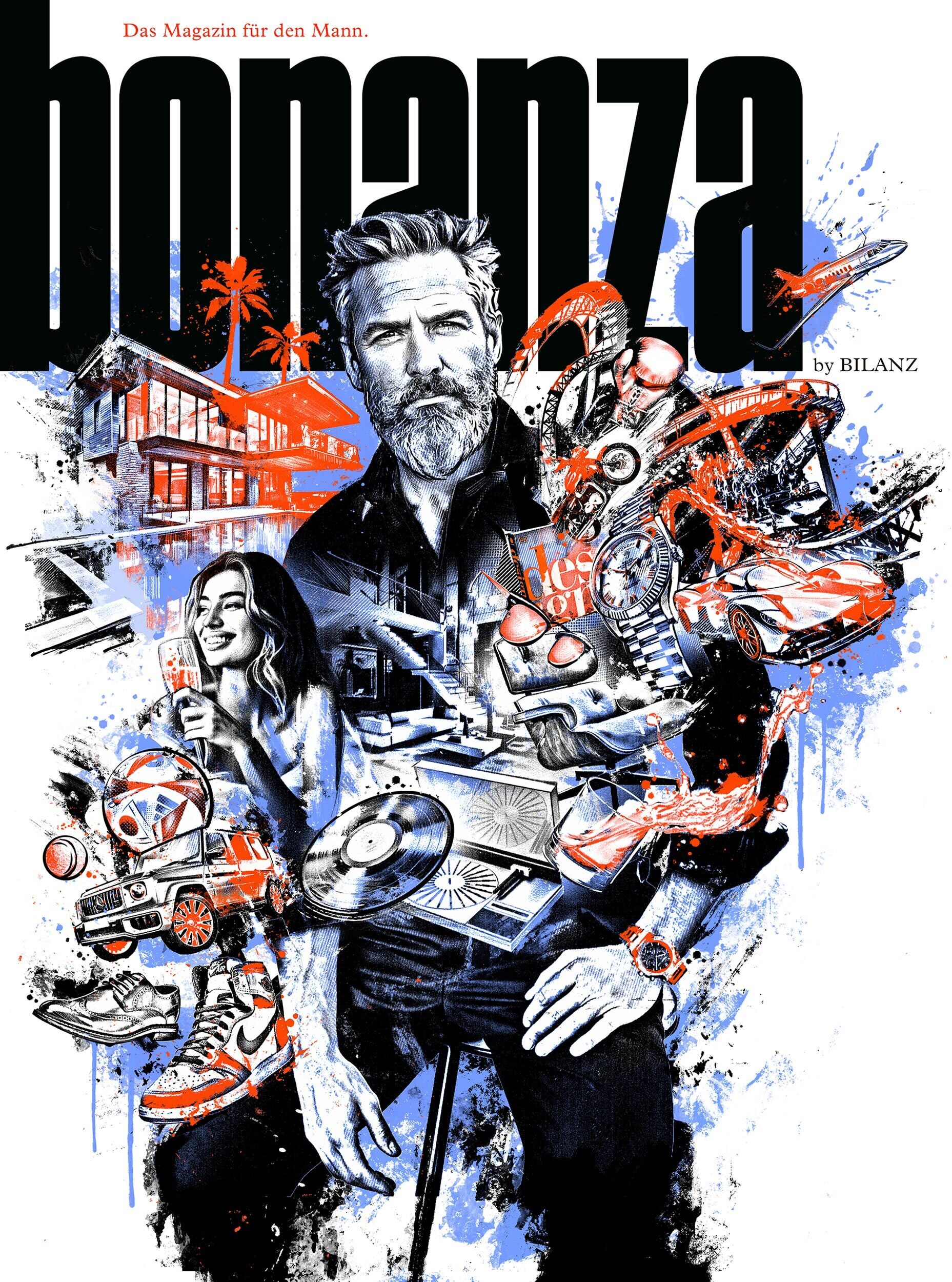 Mans world cover illustration design artwork magazine editorial illustrationart men luxery lifestyle goodlife sneaker eames lounge chair roli cars bike - Kornel Illustration | Kornel Stadler portfolio