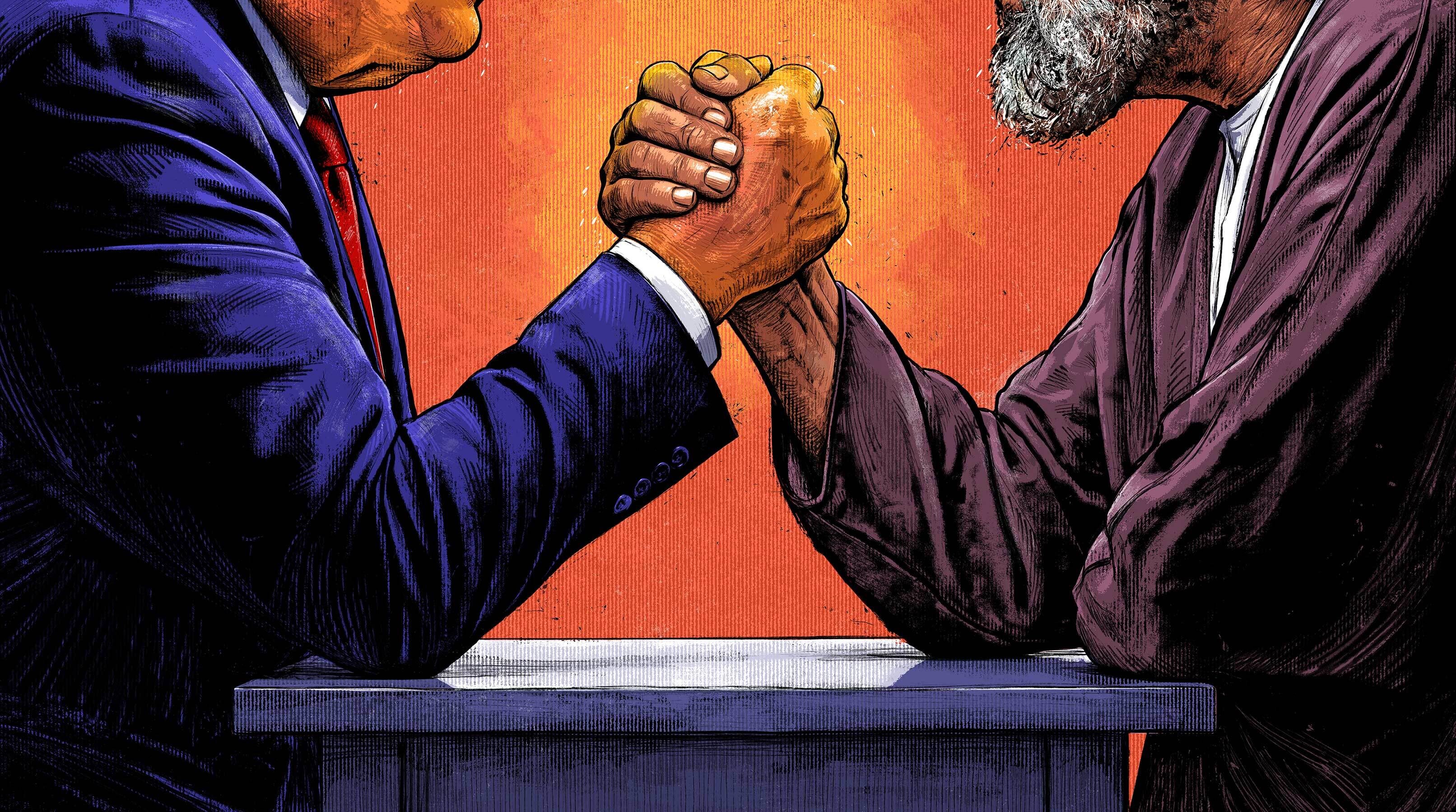 USA Iran NZZ donald trump modschtaba chamenei arm wrestling cenceptional concept editorial illustration - Kornel Illustration | Kornel Stadler portfolio