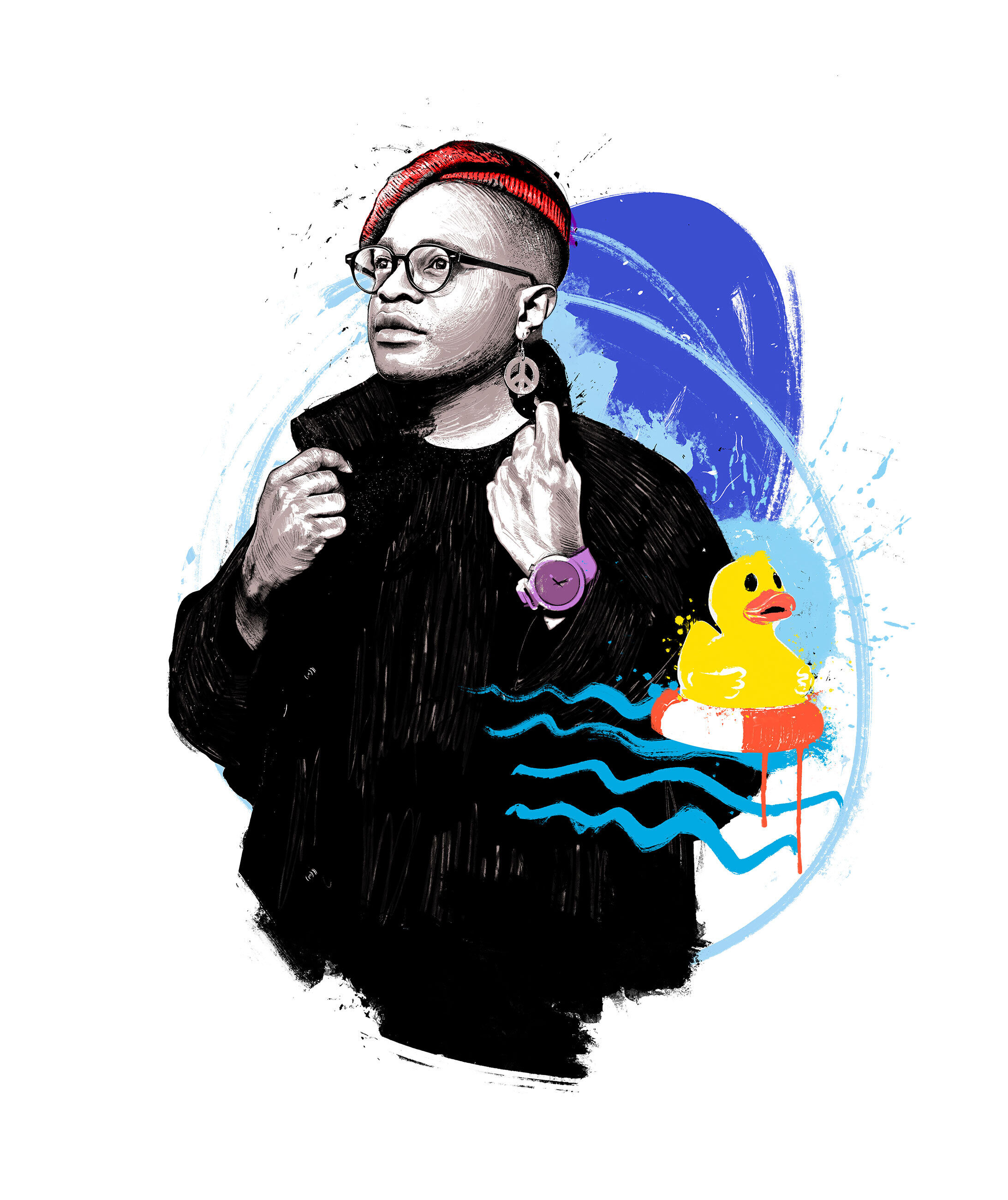 Max lobe illustration portraitillustration portraitdrawing portrait kolumne editorial zeichnung drawing magazin red bulletin redbull autor writer comedian swim ente style dug bath swimming pool waves - Kornel Illustration | Kornel Stadler portfolio