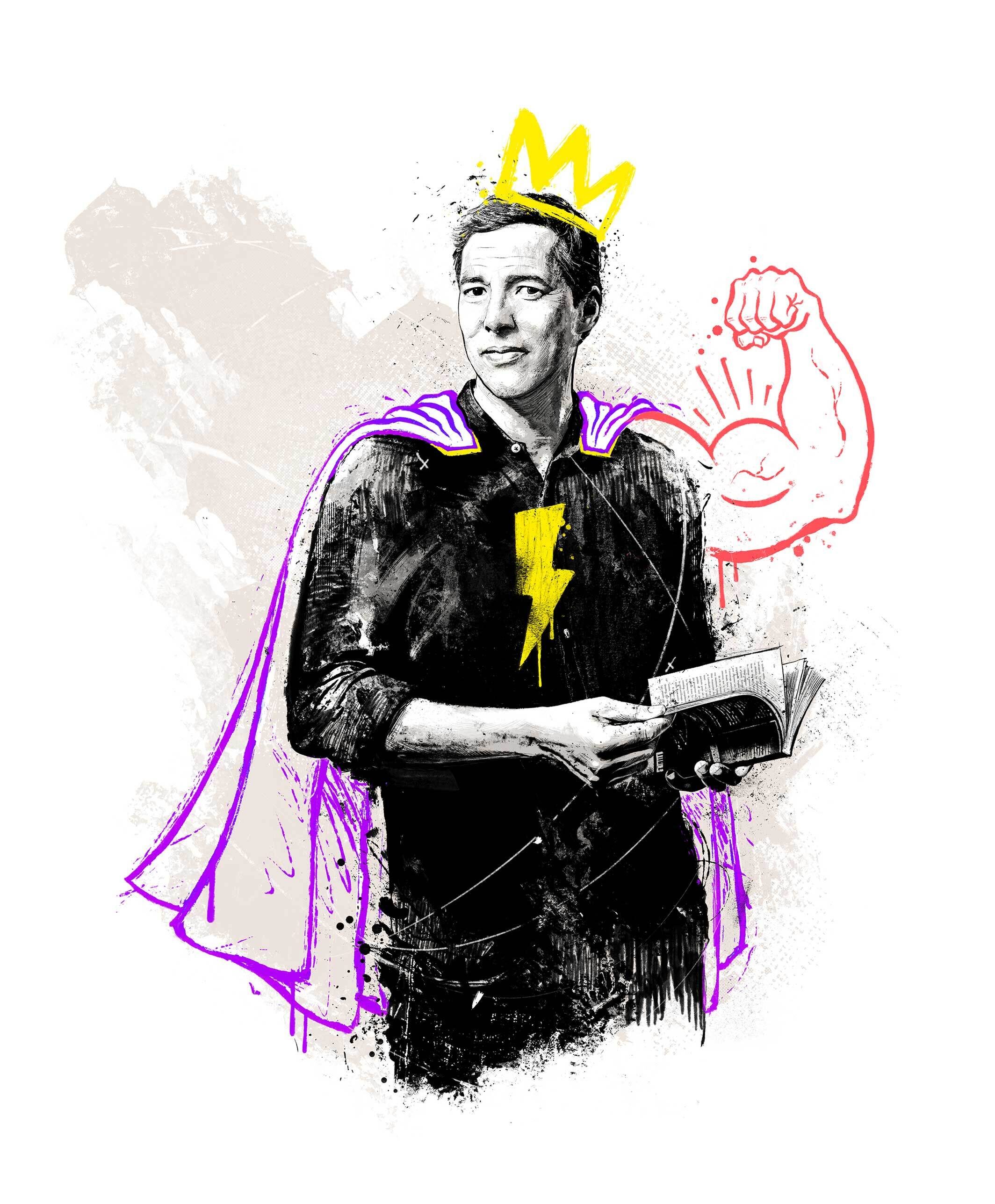 Philippe Lamon illustration portraitillustration portraitdrawing portrait kolumne editorial zeichnung drawing magazin red bulletin redbull autor writer crown krone king hero superhero held superheld bizeps flash blitz - Kornel Illustration | Kornel Stadler portfolio