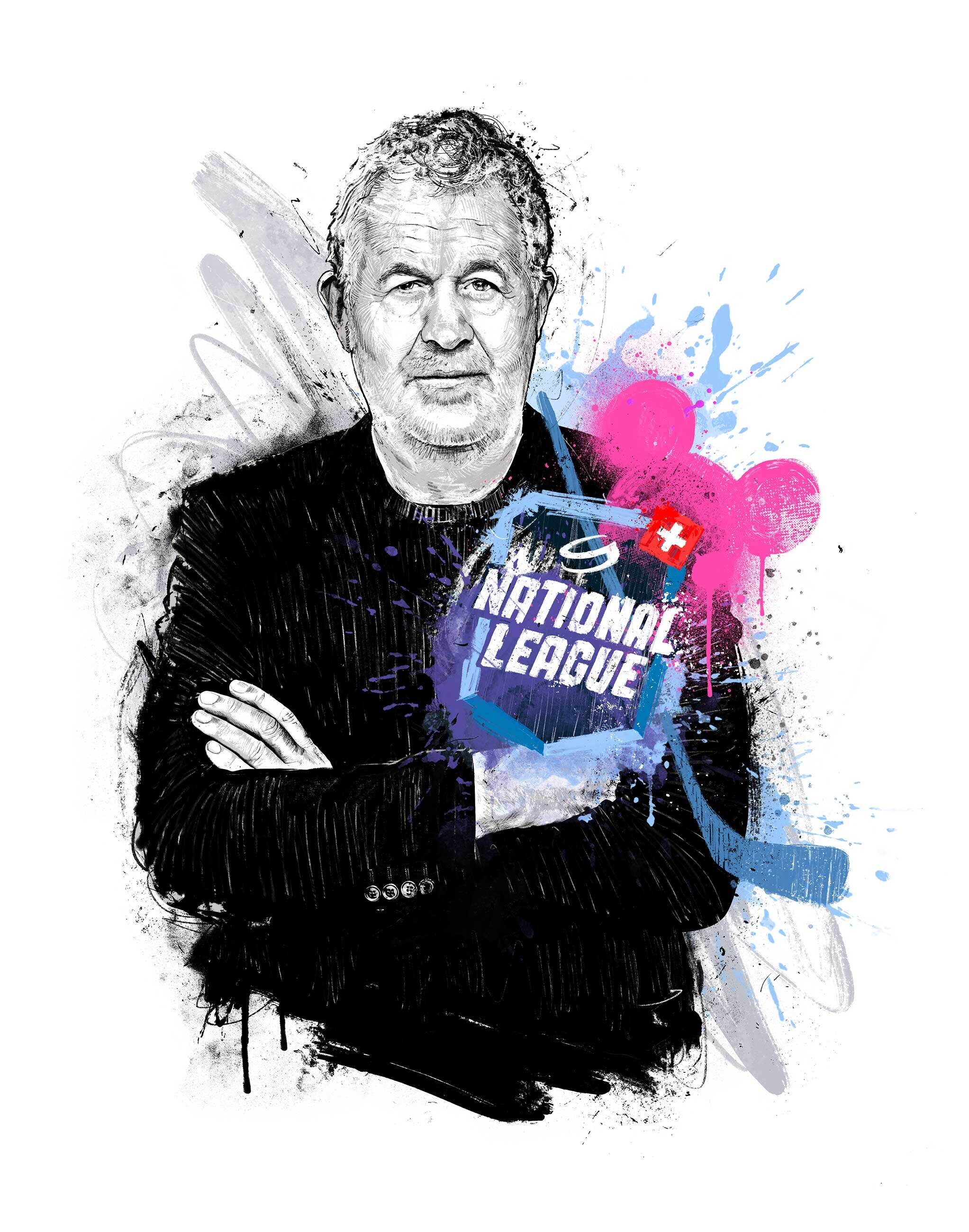 Klaus Zaugg illustration portraitillustration portraitdrawing portrait kolumne editorial zeichnung drawing magazin red bulletin redbull National League Eishockey Hockey Swiss Schweiz Disneyland - Kornel Illustration | Kornel Stadler portfolio