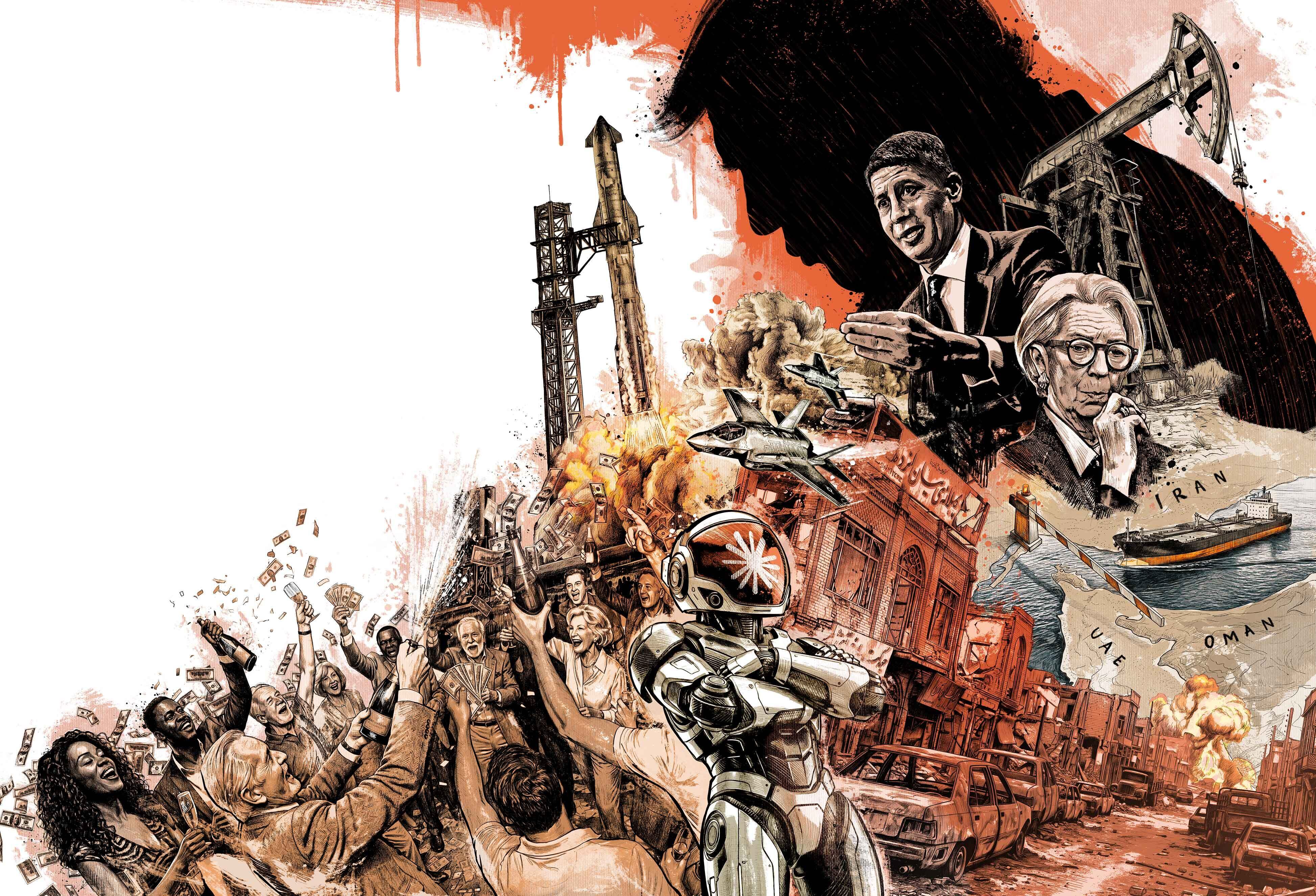 Invest space X trump shadow claude robot strasse von hormus strait of hormuzduane zoll illustration editorial Wirtschaft economy conceptual concept industry war iran oman use war oil pump oil tanker Christine Lagarde EZB Kevin Warsh FED - Kornel Illustration | Kornel Stadler portfolio