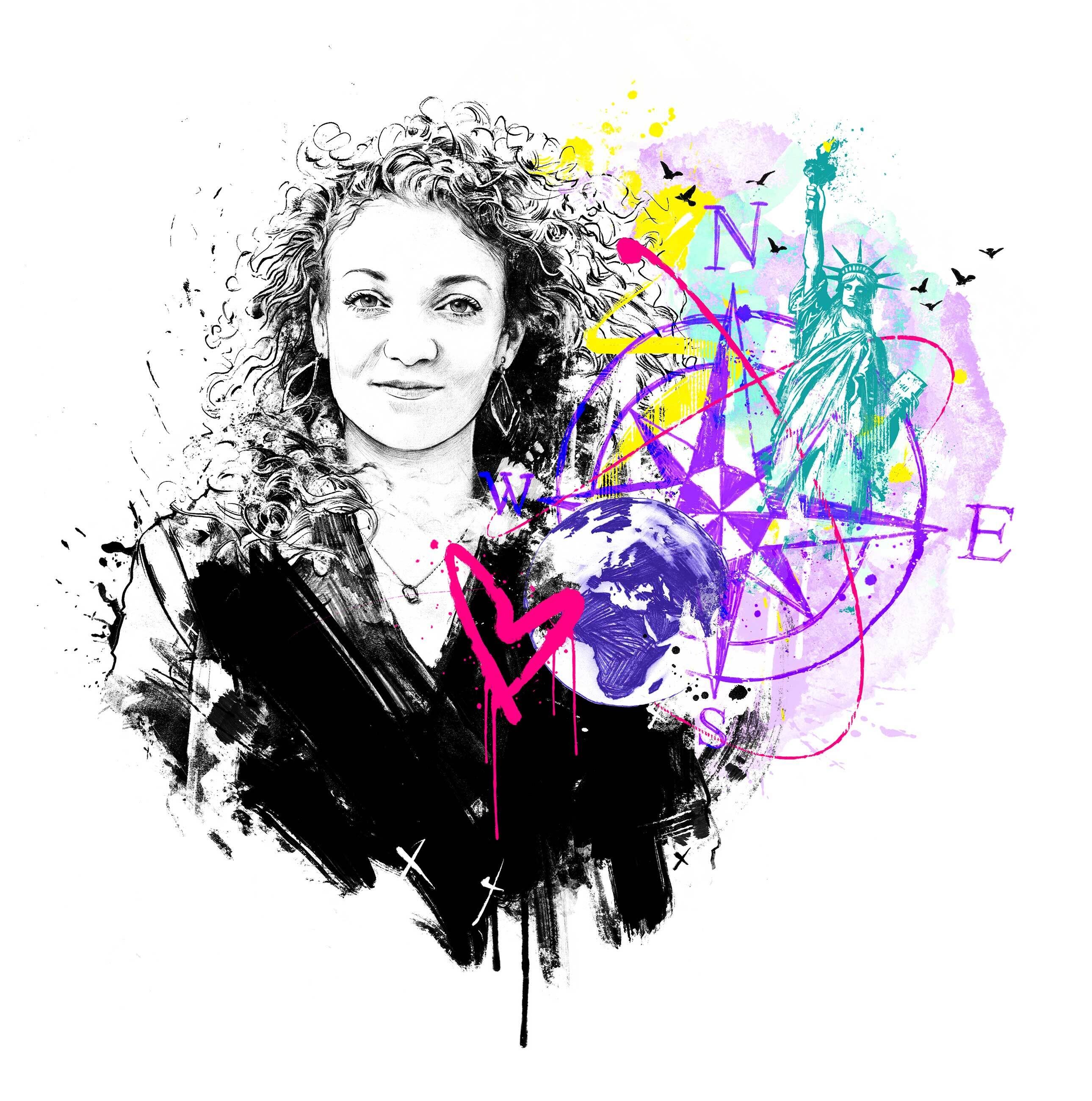Yvonne Eisenring portrait Illustration kolumne editorial zeichnung drawing magazin red Bulletin red bull journalistin author portriatillustration Kornel Stadler herz heart New York compass nyc statue of liberty lebenskbompass big apple travel - Kornel Illustration | Kornel Stadler portfolio